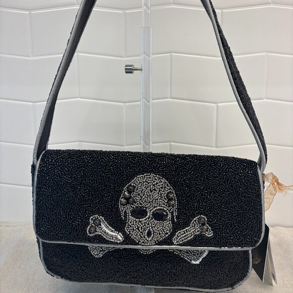 Made in India Beaded Skull and Crossbones Shoulder Bag - Black and Silver - Picture 1 of 10